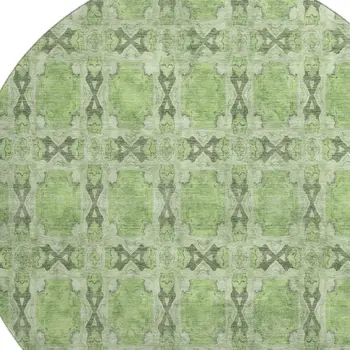 8' Green Gray And Ivory Floral Medallion Washable Round Rug With UV Protection