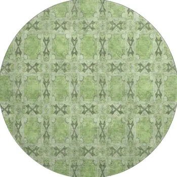 8' Green Gray And Ivory Floral Medallion Washable Round Rug With UV Protection