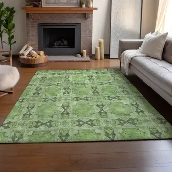 8' X 10' Green Gray And Ivory Floral Medallion Washable Area Rug With UV Protection