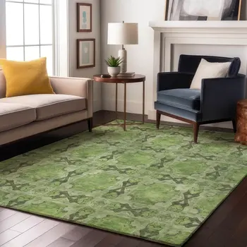 9' X 12' Green Gray And Ivory Floral Medallion Washable Area Rug With UV Protection