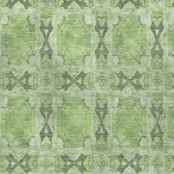 10' X 14' Green Gray And Ivory Floral Medallion Washable Area Rug With UV Protection