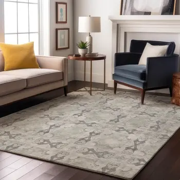 5' X 8' Ivory And Gray Floral Medallion Washable Area Rug With UV Protection
