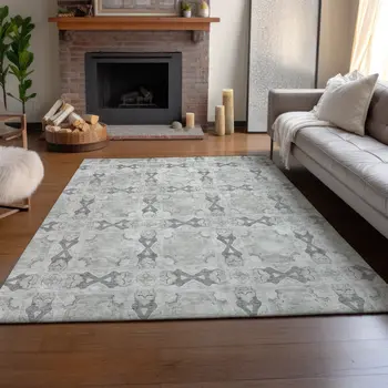 5' X 8' Ivory And Gray Floral Medallion Washable Area Rug With UV Protection