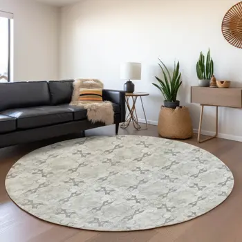 8' Ivory And Gray Floral Medallion Washable Round Rug With UV Protection