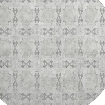 8' Ivory And Gray Floral Medallion Washable Round Rug With UV Protection