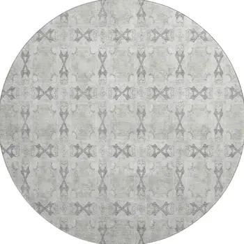 8' Ivory And Gray Floral Medallion Washable Round Rug With UV Protection