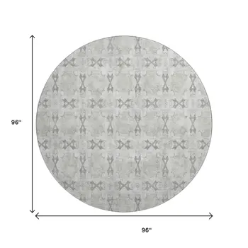 8' Ivory And Gray Floral Medallion Washable Round Rug With UV Protection