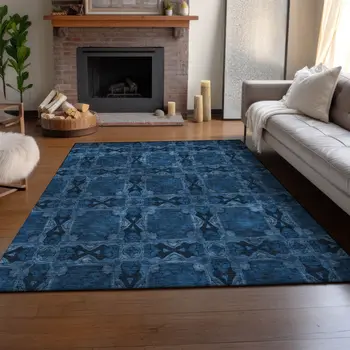 3' X 5' Navy Blue And Gray Floral Medallion Washable Area Rug With UV Protection
