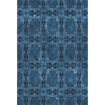 5' X 8' Navy Blue And Gray Floral Medallion Washable Area Rug With UV Protection