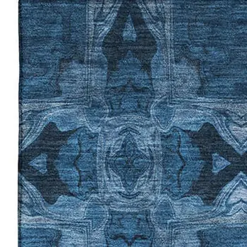 5' X 8' Navy Blue And Gray Floral Medallion Washable Area Rug With UV Protection