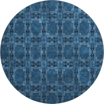 8' Navy Blue And Gray Floral Medallion Washable Round Rug With UV Protection