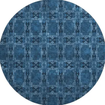 8' Navy Blue And Gray Floral Medallion Washable Round Rug With UV Protection
