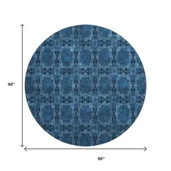 8' Navy Blue And Gray Floral Medallion Washable Round Rug With UV Protection