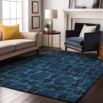 8' X 10' Navy Blue And Gray Floral Medallion Washable Area Rug With UV Protection