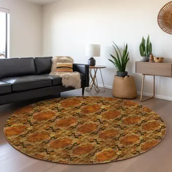 8' Rust Copper And Gold Floral Medallion Washable Round Rug With UV Protection