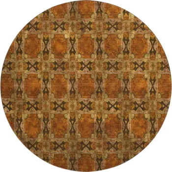8' Rust Copper And Gold Floral Medallion Washable Round Rug With UV Protection