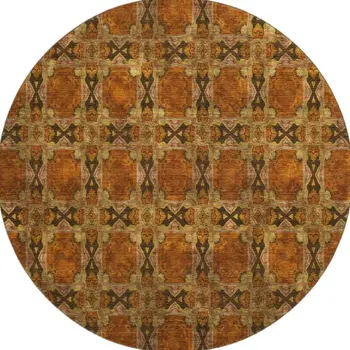 8' Rust Copper And Gold Floral Medallion Washable Round Rug With UV Protection