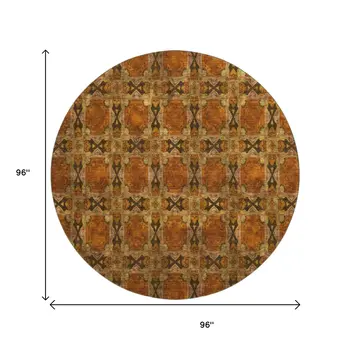 8' Rust Copper And Gold Floral Medallion Washable Round Rug With UV Protection