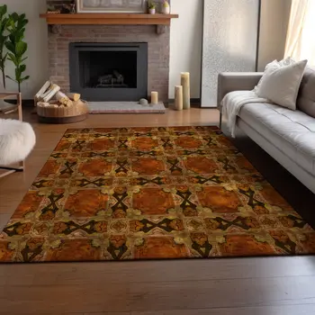 10' X 14' Rust Copper And Gold Floral Medallion Washable Area Rug With UV Protection