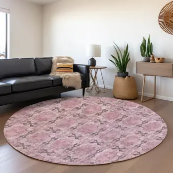 8' Pink And Gray Floral Medallion Washable Round Rug With UV Protection