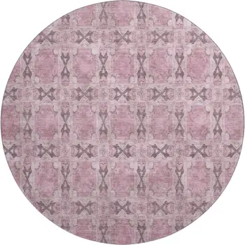 8' Pink And Gray Floral Medallion Washable Round Rug With UV Protection