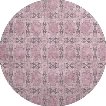 8' Pink And Gray Floral Medallion Washable Round Rug With UV Protection
