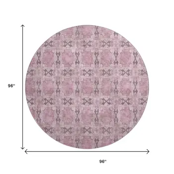 8' Pink And Gray Floral Medallion Washable Round Rug With UV Protection