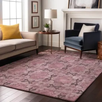 9' X 12' Pink And Gray Floral Medallion Washable Area Rug With UV Protection