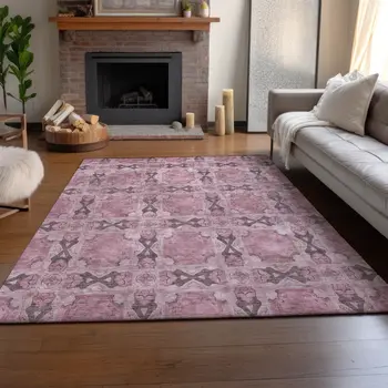 9' X 12' Pink And Gray Floral Medallion Washable Area Rug With UV Protection