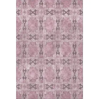 9' X 12' Pink And Gray Floral Medallion Washable Area Rug With UV Protection