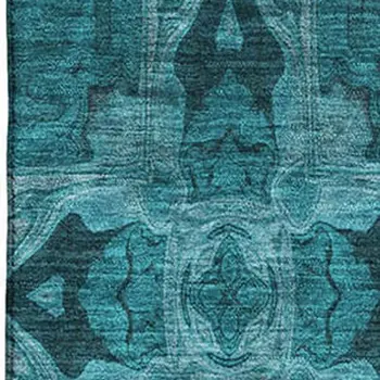 3' X 5' Teal And Gray Floral Medallion Washable Area Rug With UV Protection