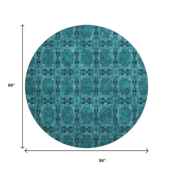 8' Teal And Gray Floral Medallion Washable Round Rug With UV Protection