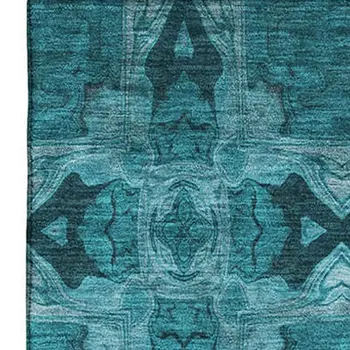 8' X 10' Teal And Gray Floral Medallion Washable Area Rug With UV Protection