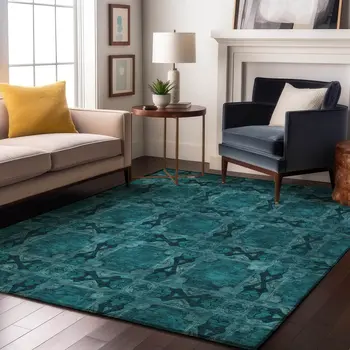 9' X 12' Teal And Gray Floral Medallion Washable Area Rug With UV Protection