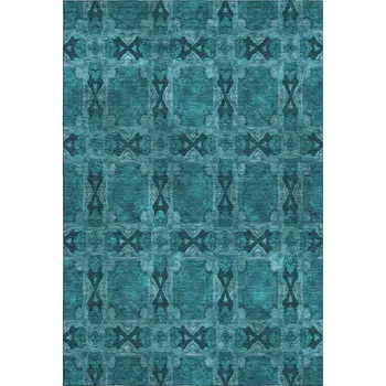 9' X 12' Teal And Gray Floral Medallion Washable Area Rug With UV Protection