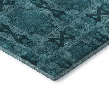9' X 12' Teal And Gray Floral Medallion Washable Area Rug With UV Protection