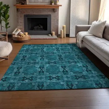 9' X 12' Teal And Gray Floral Medallion Washable Area Rug With UV Protection
