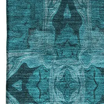 9' X 12' Teal And Gray Floral Medallion Washable Area Rug With UV Protection