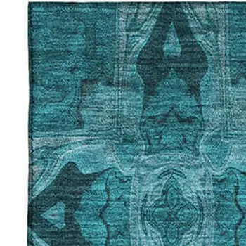 10' X 14' Teal And Gray Floral Medallion Washable Area Rug With UV Protection