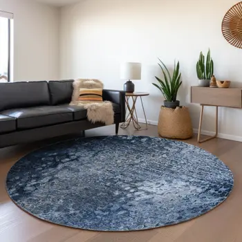 8' Blue And Ivory Abstract Washable Round Rug With UV Protection