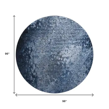 8' Blue And Ivory Abstract Washable Round Rug With UV Protection
