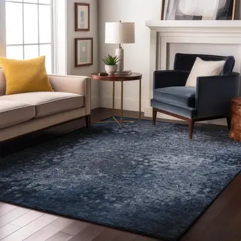 8' X 10' Blue And Ivory Abstract Washable Area Rug With UV Protection