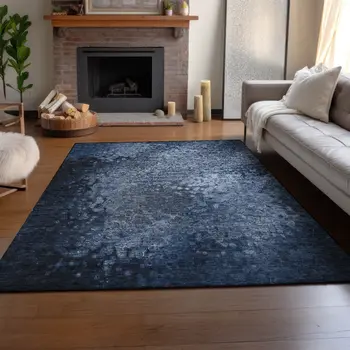 8' X 10' Blue And Ivory Abstract Washable Area Rug With UV Protection