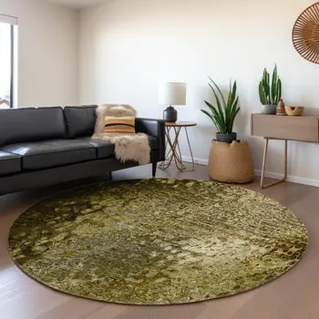 8' Brown And Ivory Abstract Washable Round Rug With UV Protection