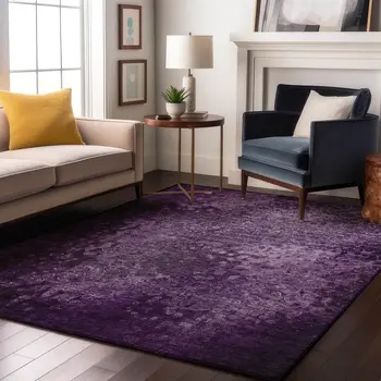 5' X 8' Purple And Ivory Abstract Washable Area Rug With UV Protection