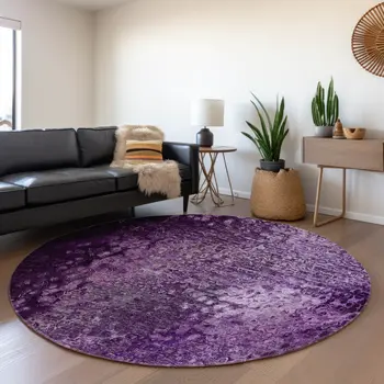 8' Purple And Ivory Abstract Washable Round Rug With UV Protection