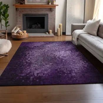 8' X 10' Purple And Ivory Abstract Washable Area Rug With UV Protection