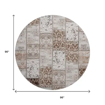 8' Beige And Ivory Patchwork Washable Round Rug With UV Protection