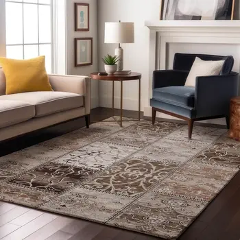 10' X 14' Beige And Ivory Patchwork Washable Area Rug With UV Protection