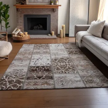 10' X 14' Beige And Ivory Patchwork Washable Area Rug With UV Protection